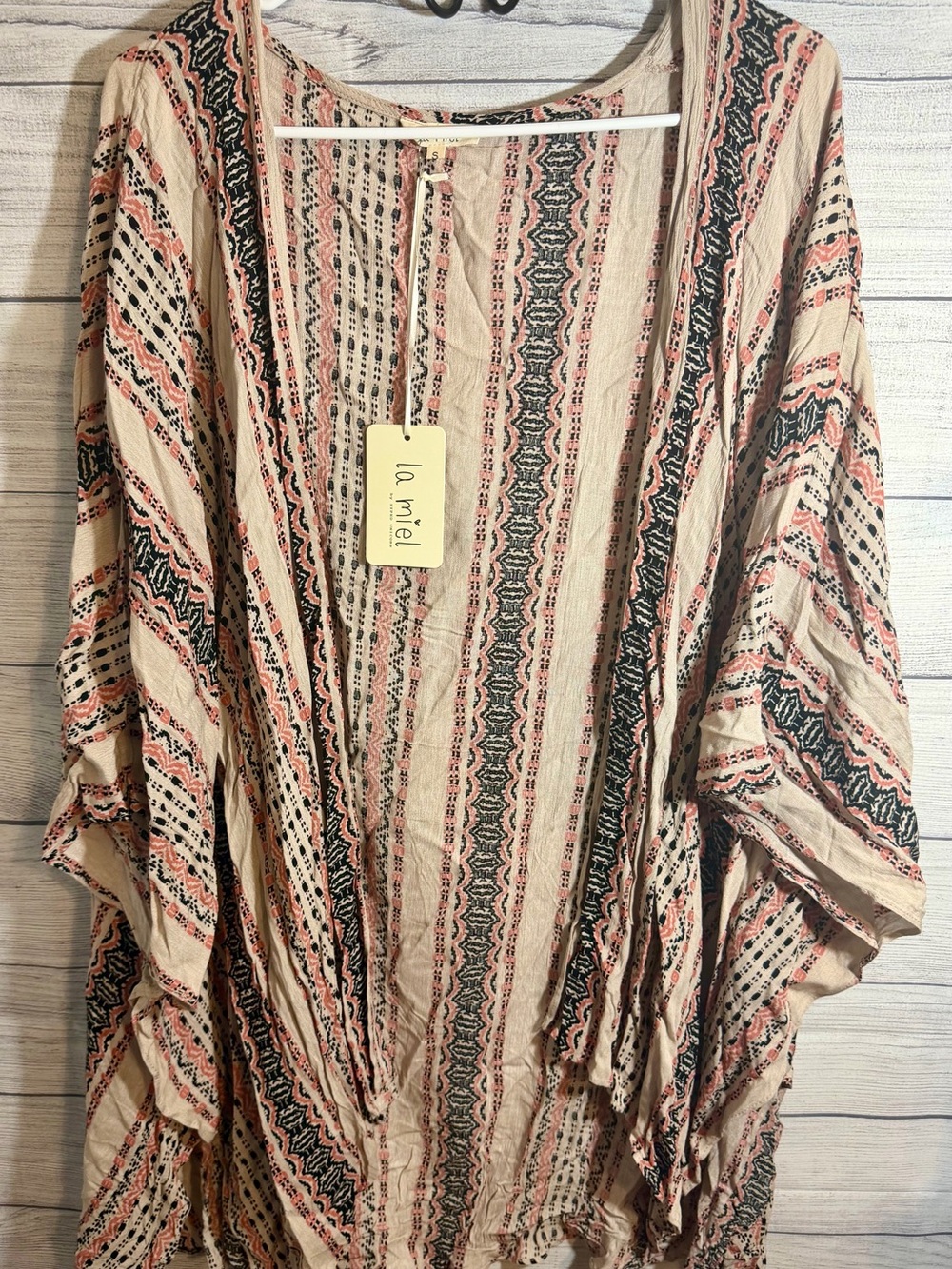 LA MIEL Cream, Coral & Black Boho Striped Open Kimono